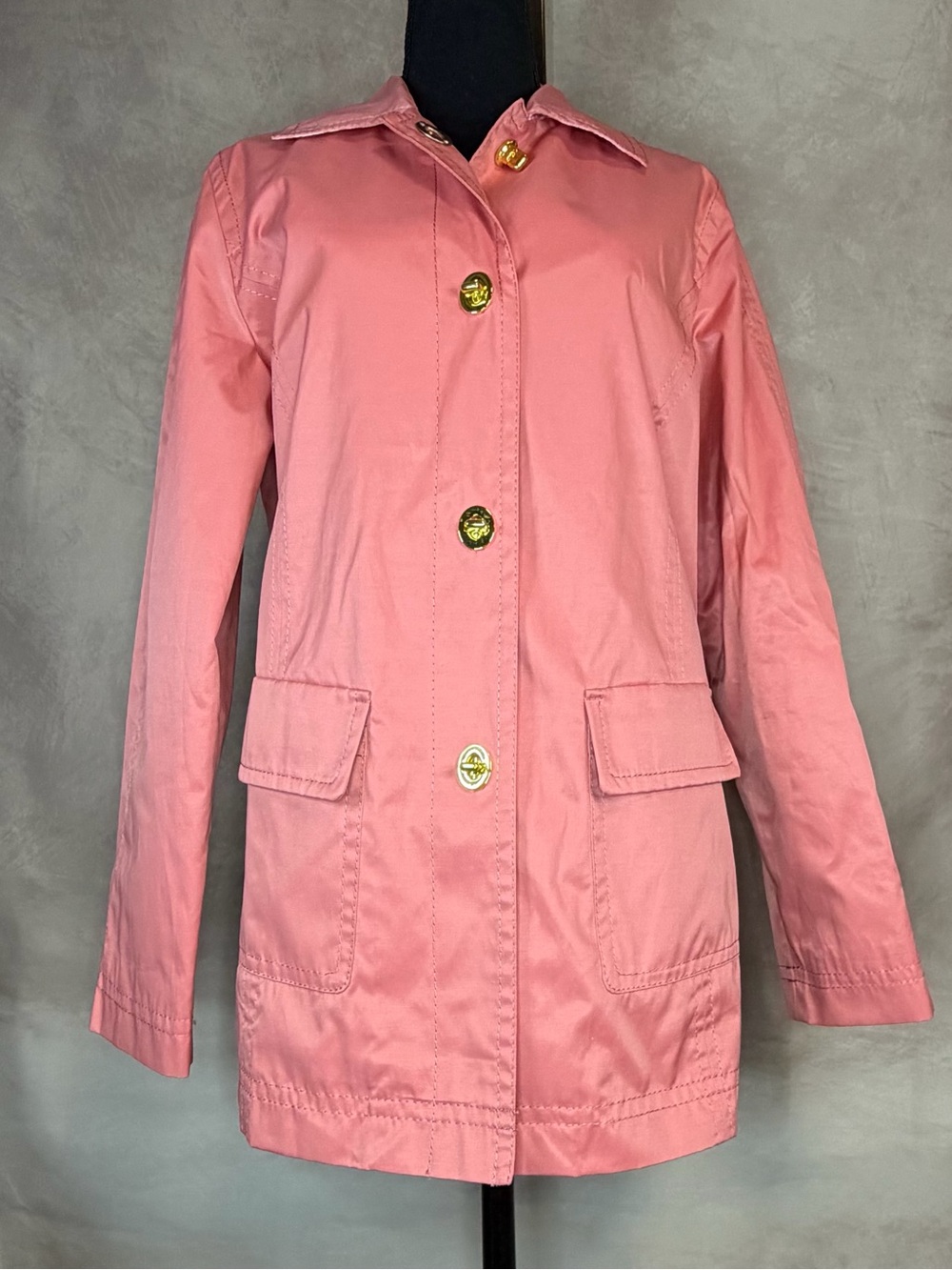 Isaac Mizrahi Rose Pink Trench Coat with Gold-Tone Buttons